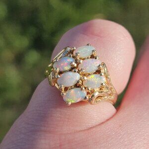 10K Yellow Gold 6 Opal Gemstone Cocktail Cluster Bowtie Ring Size 4.25